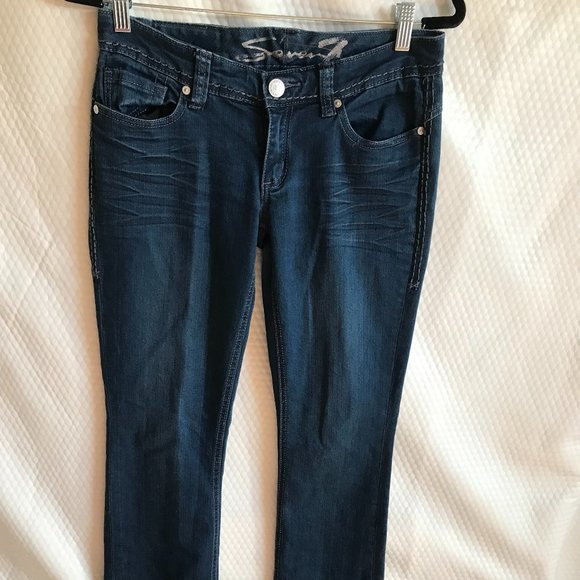 SEVEN7 WOMEN JEANS SZ JR 27" SLIM BOOT CUT STRETCH EMBELISHED POCKET EUC - Picture 2 of 11